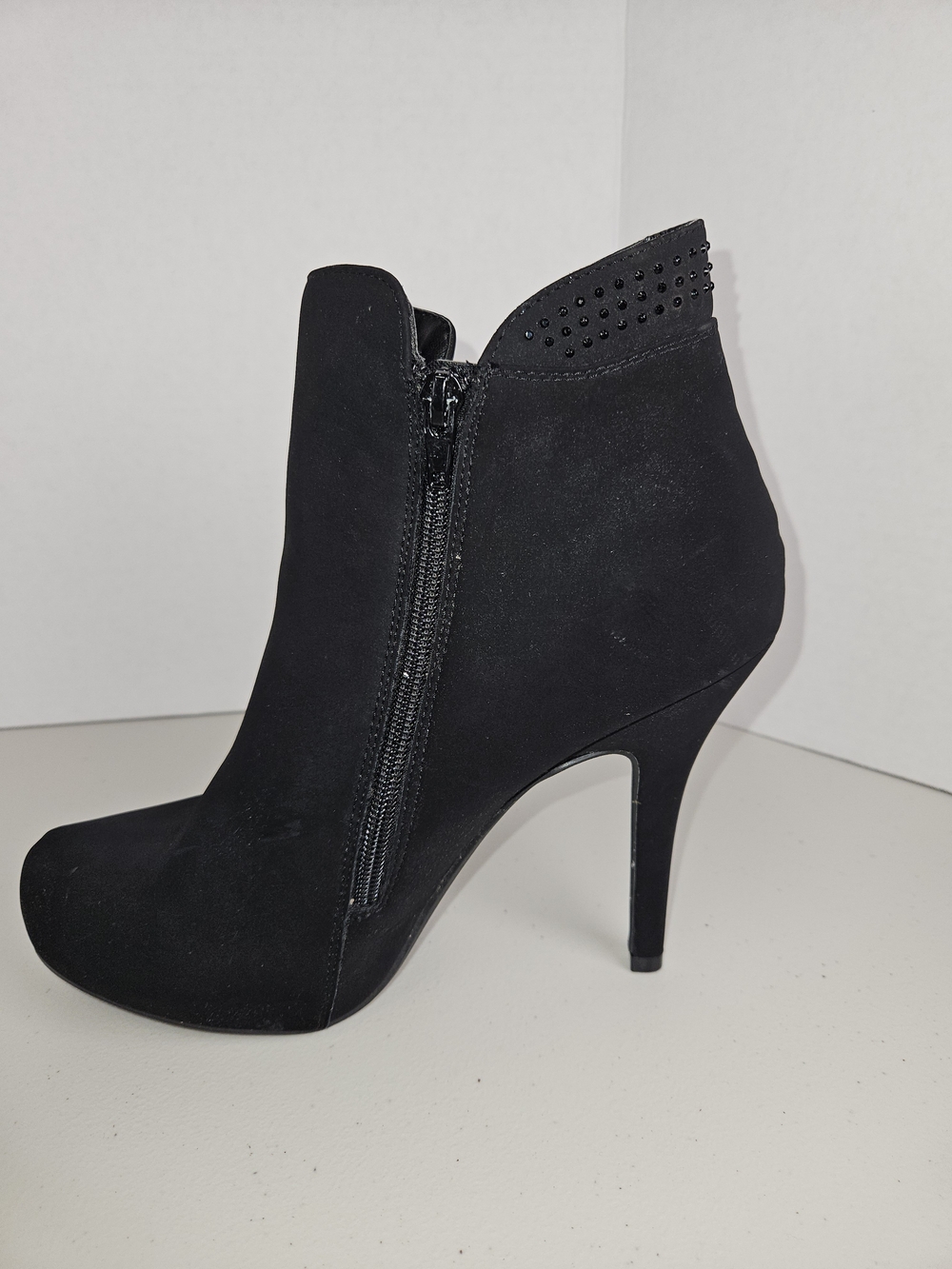 Black Suede High-Heel Ankle Booties with Studded Collar 9 1/2 M - Picture 10 of 16